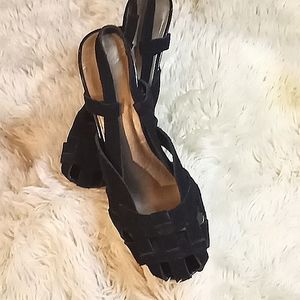 Women's black suede woven sling back heels
